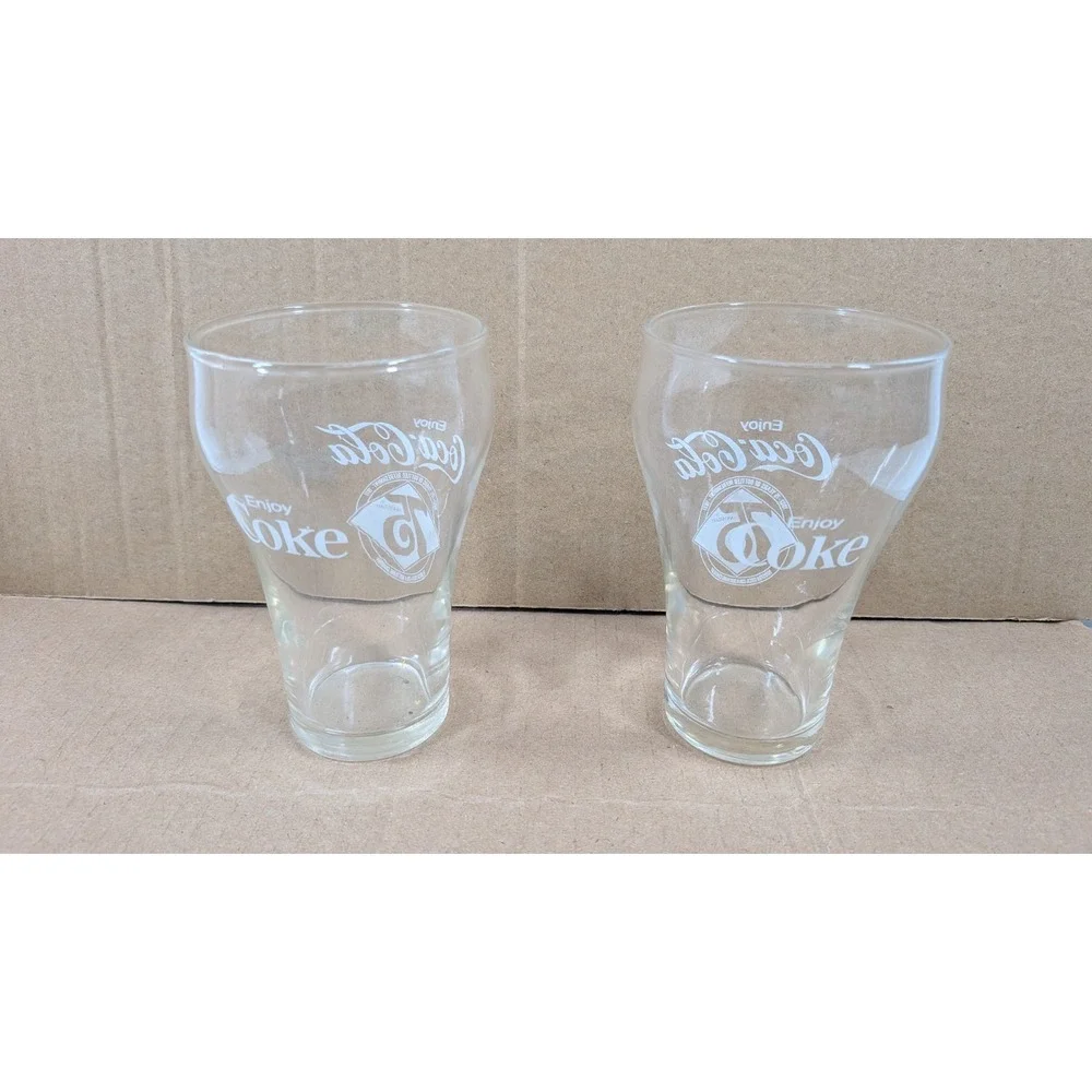 Set of 2 75th Anniversary Coca Cola Enjoy Coke Clear Juice Glasses 10 oz Vintage